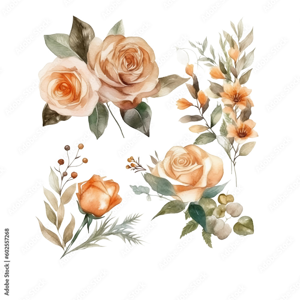 Botanical Watercolor Floral Arrangement Set Brown and Peach Roses with Leaves, Ideal for Wedding Card Decoration, isolated png, Created by Generative AI