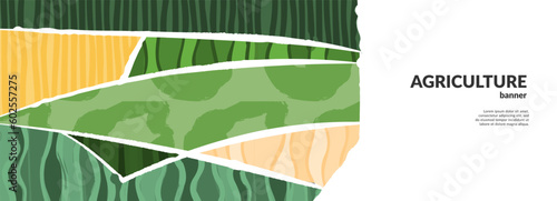 Green abstract agriculture field vector background. Agro banner template, farm presentation header. Horizontal layout with nature theme. Eco wavy shape, agri design. Field view with texture backdrop