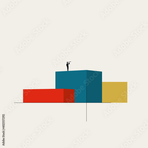 Businessman on podium with telescope, symbolizing vision, opportunity, leadership, success, growth. Minimal illustration