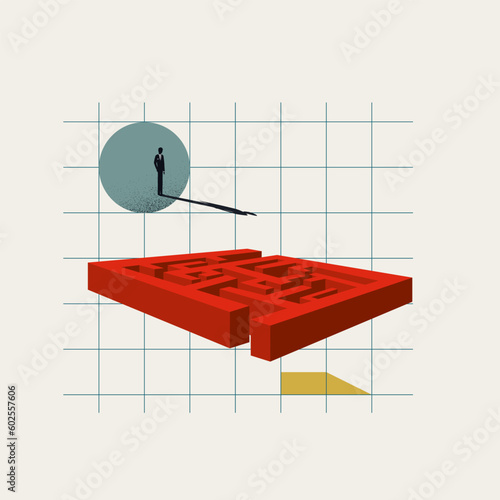 Businessman stands above maze, symbolizing decision making, analysis, finding solutions. Minimal vector illustration