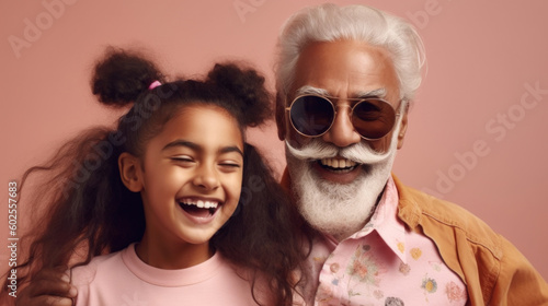 A stylish grandfather and his granddaughter share a special moment in this charming portrait against a light pink studio background. Generative AI