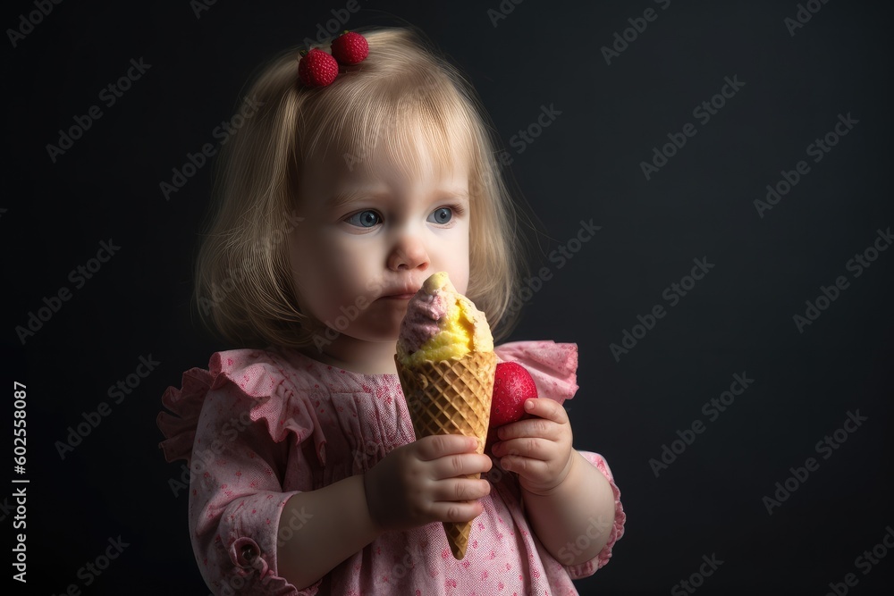 Portrait pretty baby girl kid hold in hand banana and strawberry ice cream in waffles cone. Ai generative. Portrait pretty baby girl kid hold in hand banana and strawberry ice cream in waffles cone. Ai generative.