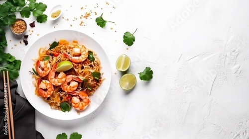 Pad Thai with shrimps,  traditional Thai dish on white background, top view copy space