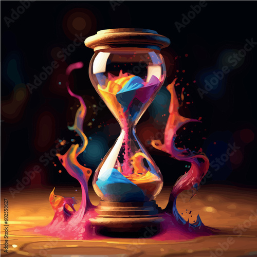 Cartoon hourglass in bright colors. Bright illustration of an hourglass. Magic hourglass. Time magic. Magic sand. Colorful illustration of time in bright splashes. AI Art Generator.