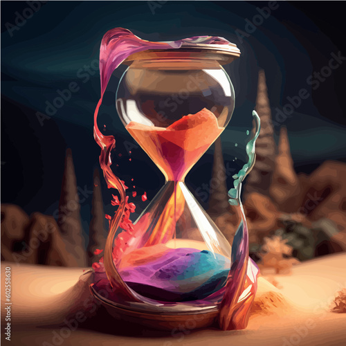 Cartoon hourglass in bright colors. Bright illustration of an hourglass. Magic hourglass. Time magic. Magic sand. Colorful illustration of time in bright splashes. AI Art Generator.