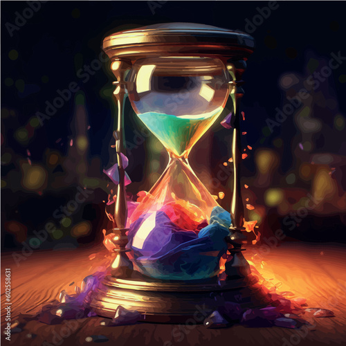 Cartoon hourglass in bright colors. Bright illustration of an hourglass. Magic hourglass. Time magic. Magic sand. Colorful illustration of time in bright splashes. AI Art Generator.