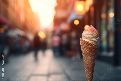 Tasty ice cream over blurred street background. Ai generative.