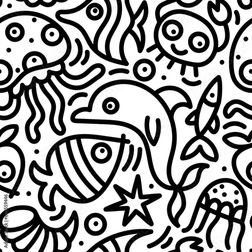 Sea animals doodle seamless pattern