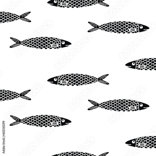 Seamless pattern with fish on a white background. Seamless pattern with hand drawn fish in vintage style. Marine underwater life monochrome print wallpaper sketch texture.