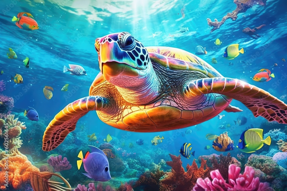 Turtle with group of colorful fish and sea animals with colorful coral underwater in ocean. Generative AI. - obrazy, fototapety, plakaty 
