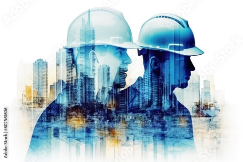 Building construction engineering with double exposure graphic design. Building engineers, architect people, or construction workers working. Generative AI. © jlfsousa