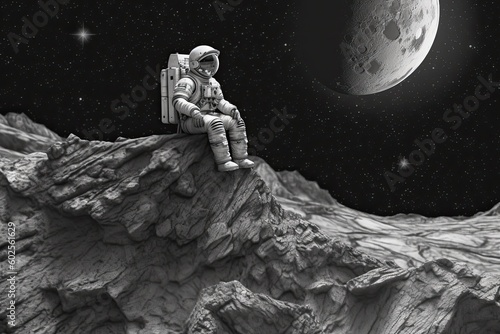 Astronaut spaceman seated on a space rock on the moon. Generative AI.