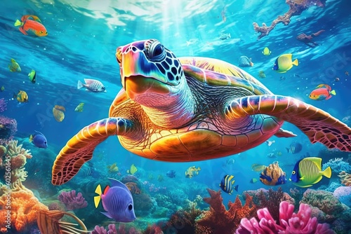 Obraz na płótnie Turtle with group of colorful fish and sea animals with colorful coral underwater in ocean