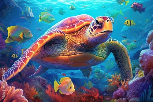 urtle with a group of colorful fish and sea animals with colorful coral underwater in the ocean. Generative AI.