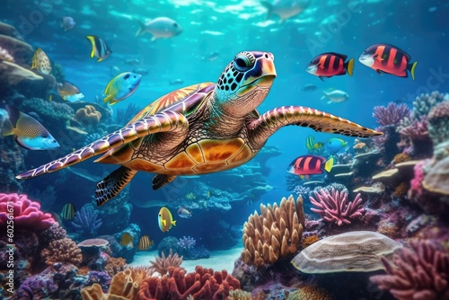 urtle with a group of colorful fish and sea animals with colorful coral underwater in the ocean. Generative AI.
