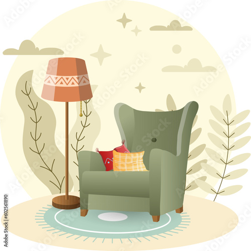 Armchair illustration. Lampshade,pillows, torchere, chair. Editable vector graphic design.