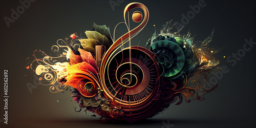 Treble clef  music symbol graphic banner with abstract colorful ornament. Generative AI illustration