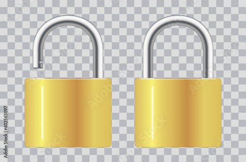 Locked and unlocked padlock. Realistic set of golden locks on transparent background. Vector.