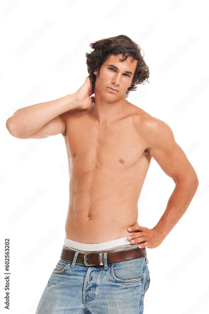 Abs, jeans and shirtless with portrait of man for fashion, fitness and casual style. Health, body and muscle with male model isolated on white background for strong, diet and training mockup Abs, jeans and shirtless with portrait of man for fashion, fitness and casual style. Health, body and muscle with male model isolated on white background for strong, diet and training mockup