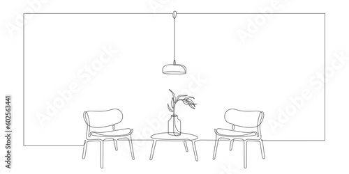 Continuous one line interior with armchairs, table, lamp and plant. Single line drawing of living room, meeting room, lounge with modern furniture. Editable stroke Handdraw contour of indoor furniture
