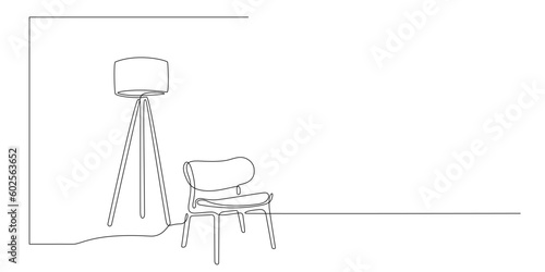 Continuous One line interior with armchair and floor lamp. Single line drawing of Living room with modern furniture, chair and lamp. Editable stroke. Handdraw contour. Doodle vector