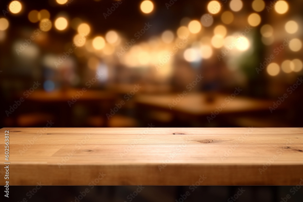 Wooden table and modern blurry bokeh restaurant backround ready for product or food display, ai generative