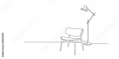 Continuous line drawing of armchair and floor lamp. One line of interior Living room with modern furniture. Single line furniture elements. Hand draw contour of furniture. Doodle vector illustration