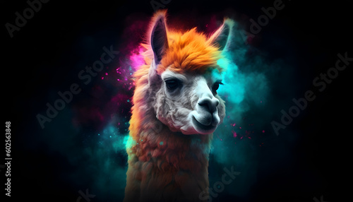 Full-color, abstract portrait of an alpaca llama on a black background.