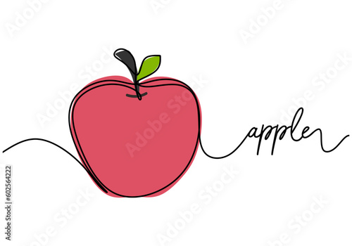 Apple continuous one line drawing, fruit vector illustration.