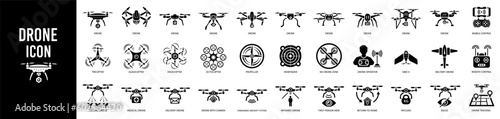 Drone unmanned aerial vehicle glyph icon set. Military and delivery aircraft symbols.
