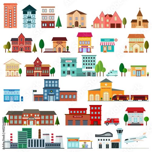 Fényképezés Colored and flat urban government buildings icons.