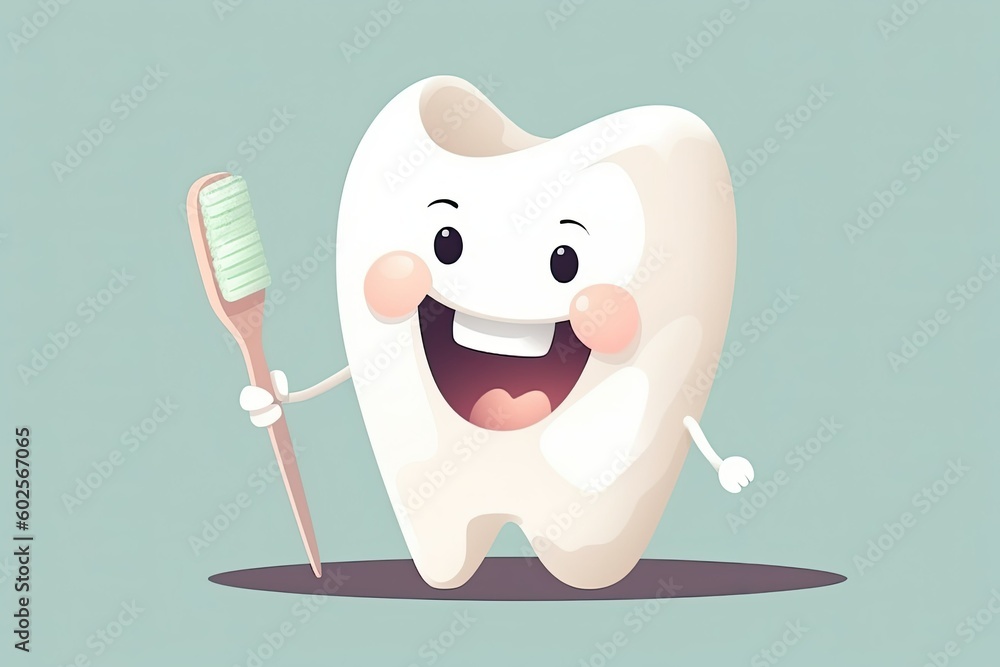 Healthy and cute tooth cartoon character holding toothbrush on green ...