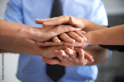 Teamwork, closeup and hands stack of people in motivation, support and winner success, partnership or about us. Hand huddle, group or cooperation of mission, business deal or integration celebration