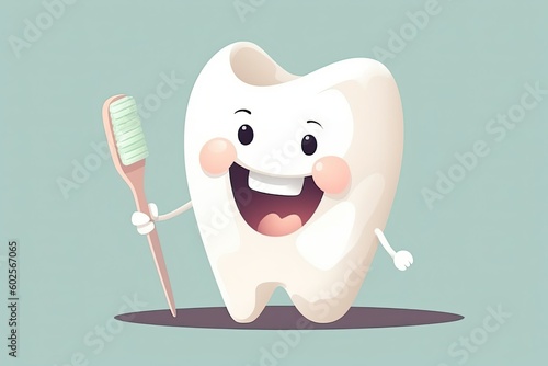 Healthy and cute tooth cartoon character holding toothbrush on green background. Anti-Caries Protection Concept. Generative AI