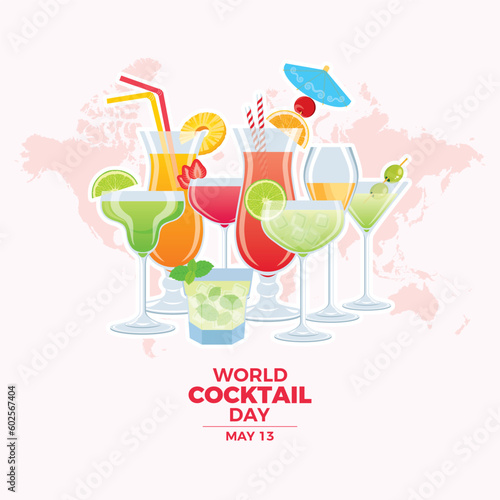 World Cocktail Day vector illustration. Different types of alcoholic drinks icon set. Colorful cocktails and world map design element. Alcoholic mixed drink vector. Important day