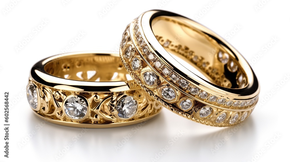 golden rings with diamonds on them on white background golden rings with diamonds on them on white background