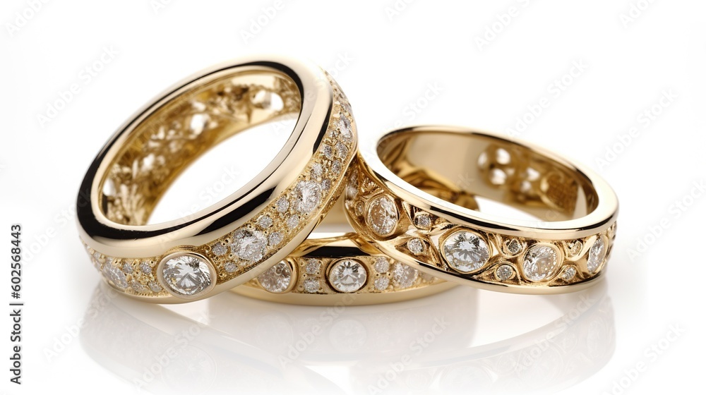 golden rings with diamonds on them on white background golden rings with diamonds on them on white background
