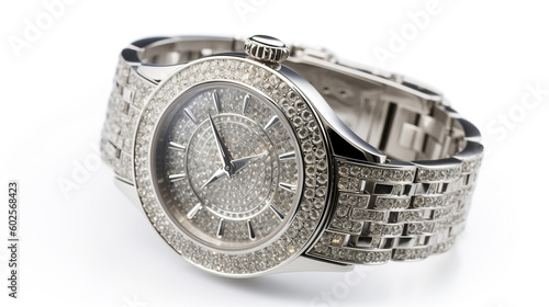A silver watch with diamonds on white background