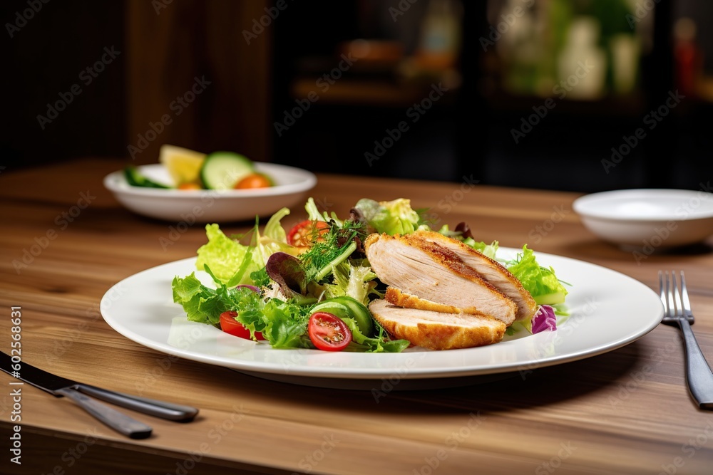 fried chicken fillet with salad in a white plate on a table in a cafe. generative ai fried chicken fillet with salad in a white plate on a table in a cafe. generative ai