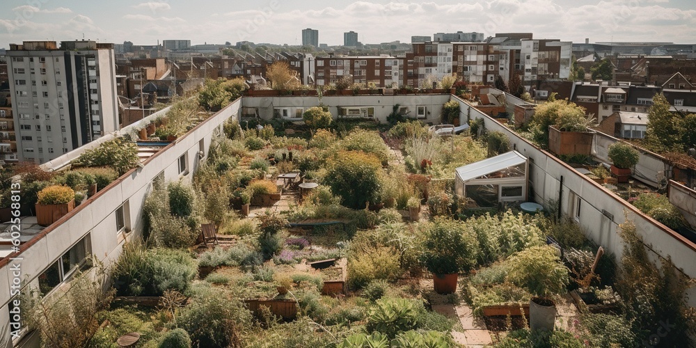 A rooftop urban garden filled with a variety of plants and herbs, illustrating the potential for green spaces in city environments, concept of Sustainability, created with Generative AI technology