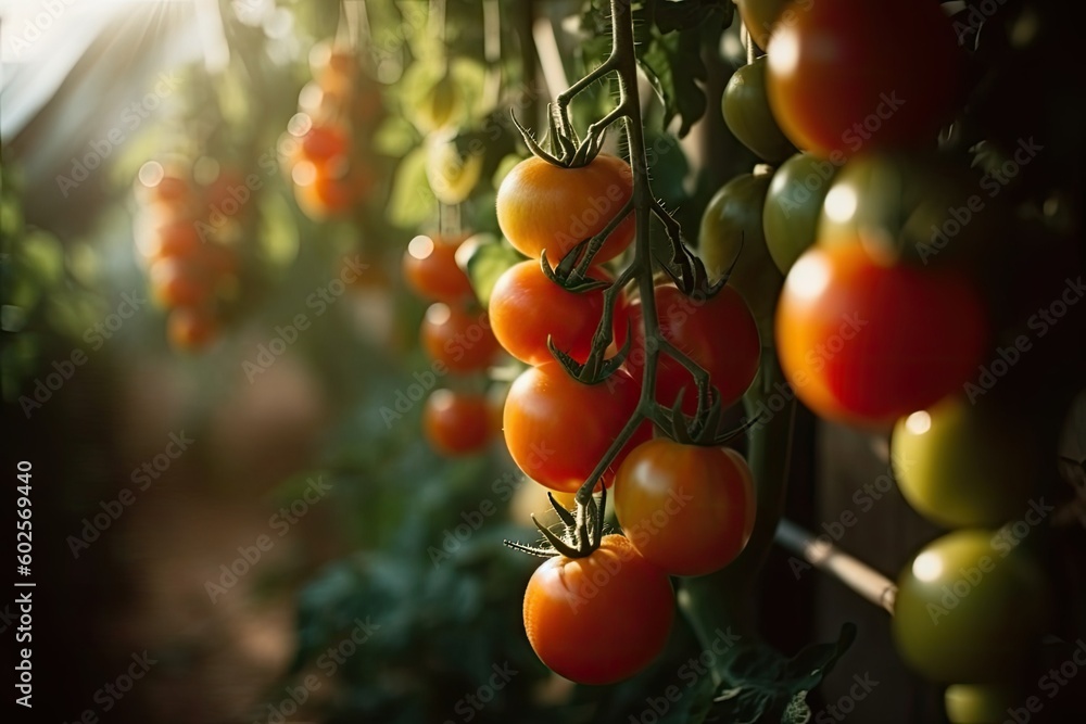 Colorful, from raw to ripe scale of tomatoes view from a greenhouse. Generative AI