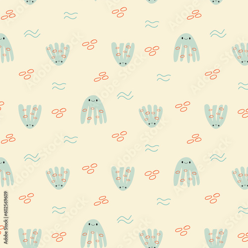 Patterns with jellyfish, waves drawn in a cartoon style. Children's wallpaper with marine ornaments