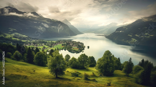 View of a green landscape with trees, a lake and mountains in Switzerland