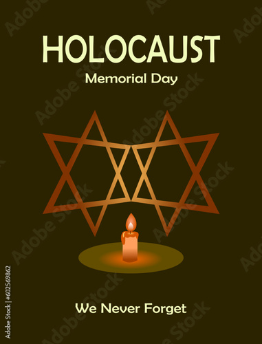 Holocaust remembrance memorial day illustration design, with star of david symbol and candle on the dark background photo