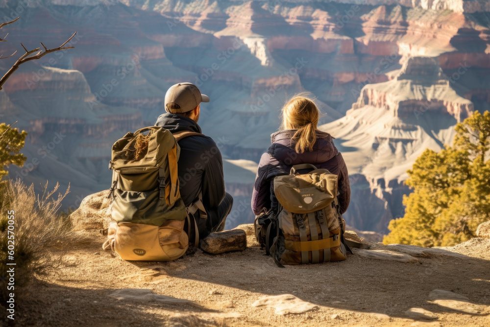 Couple on hiking travel. Woman and man with backpacks sit on edge of Grand Canyon National Park, USA. Generative AI. - obrazy, fototapety, plakaty 