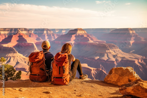 Couple on hiking travel. Woman and man with backpacks sit on edge of Grand Canyon National Park, USA. Generative AI.