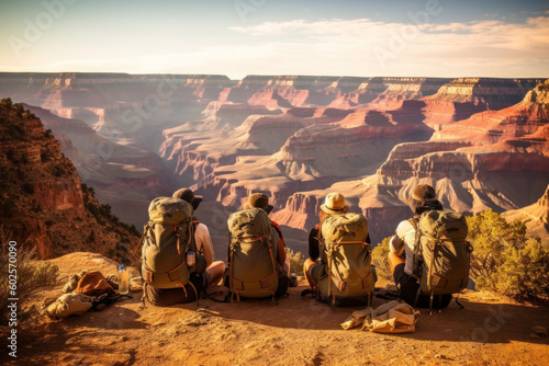Group of people on hiking travel. Friends with backpacks sit on edge of Grand Canyon National Park, USA. Generative AI.