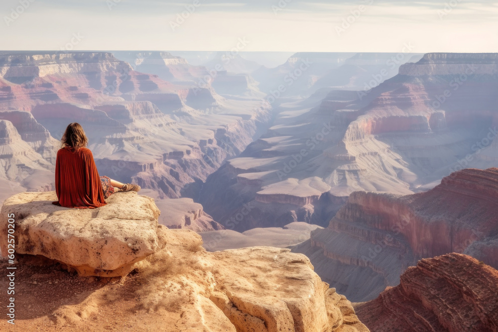 Black girl relaxing. Woman sit on top of mountain Grand Canyon National Park, USA. Generative AI.