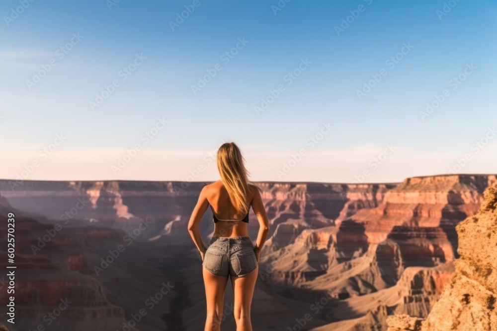Back of sexy woman on Grand Canyon National Park, USA. Generative AI.