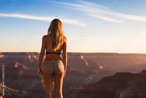 Back of sexy woman on Grand Canyon National Park, USA. Generative AI.